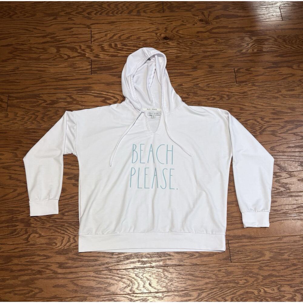 Rae Dunn Women's White "Beach Please" Hooded V-Neck Lightweight Sweatshirt, Sz L